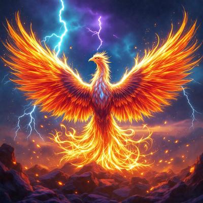 Primary subject: A bird with a fiery, orange and yellow feathered appearance, standing on a rocky surface.

Setting/background: The bird is standing on a rocky surface, with a dark sky in the background.

Visual style: The bird is depicted as a digital art or illustration, with a vibrant and colorful appearance.

Colors and mood: The bird's feathers are predominantly orange and yellow, with a fiery and lively atmosphere.